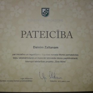 Siguldas novada domes pateicība par realizēto labdarības projektu "Give More"