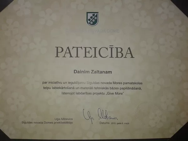 Siguldas novada domes pateicība par realizēto labdarības projektu "Give More"